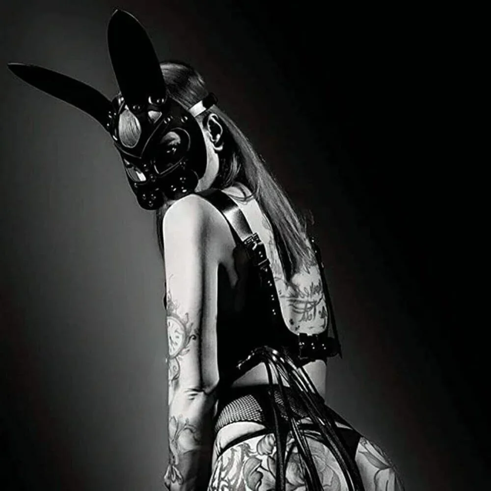 𝅺BLACK Leather Fetish Masquerade Face Mask Slave Bondage BDSM Costume Cosplay